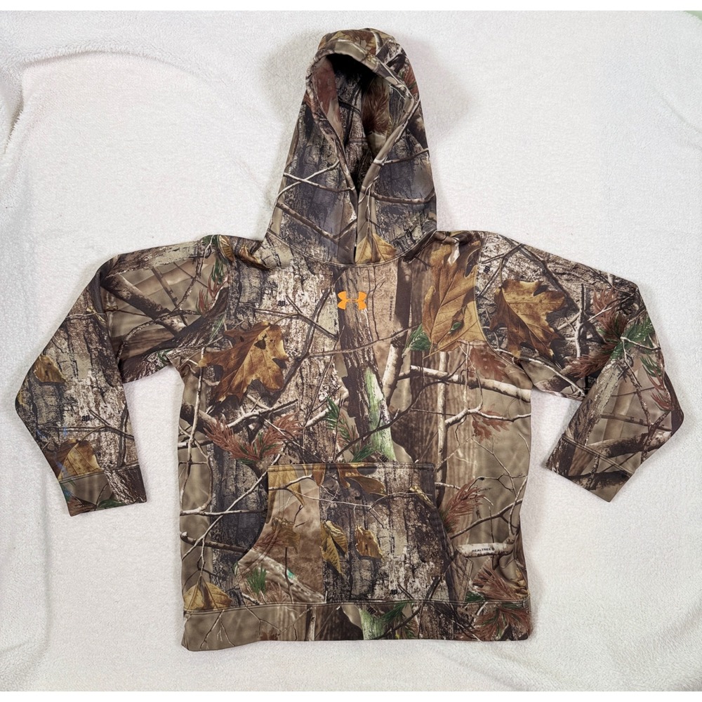Under Armour Kids YLG Realtree AP Camo Fleece Hoodie Brown Orange Logo Pullover